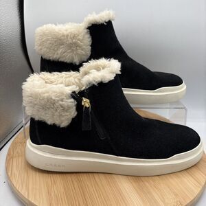 Cole Haan GrandPro Rally Booties 10B Black Waterproof Zip Faux Fur Collar zip